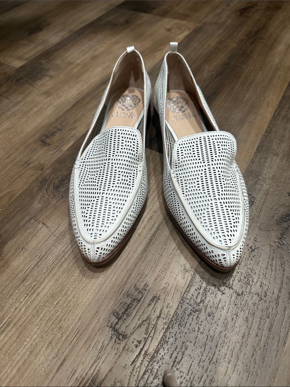 Vince Camuto White Perforated Pointed-Toe Slip-Ons